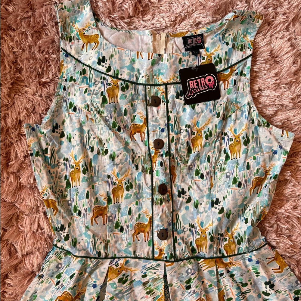 NWT ModCloth Retrolicious Snowy Forest Deer Elizabeth Dress Size Large - Picture 6 of 6